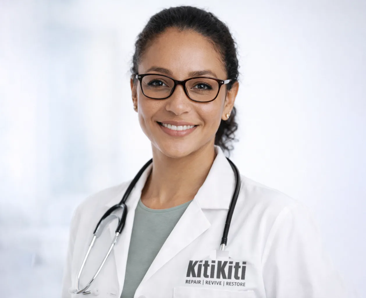 KitiKiti model in a white coat